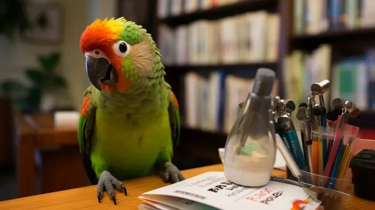Un pappagallo verde con testa arancione e gialla sembra pronto a fare conversazione, con libri e penne sullo sfondo.