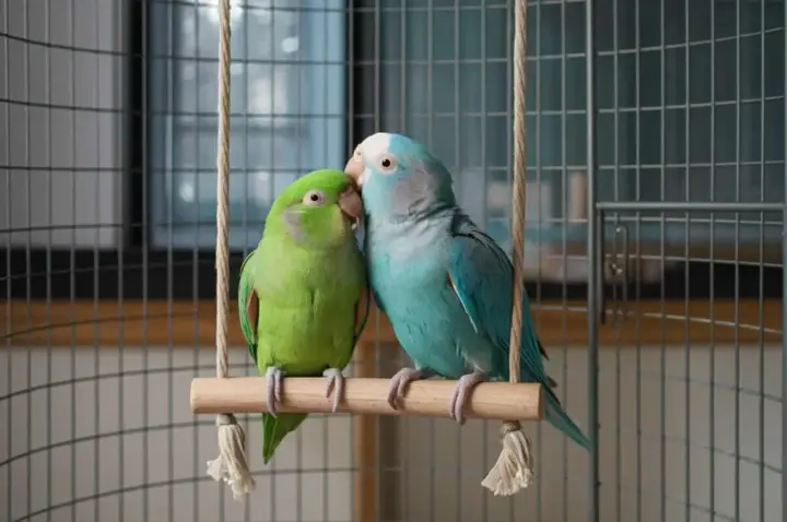 Due diversi tipi di pappagalli, uno verde e uno blu, si baciano su un'altalena in gabbia.